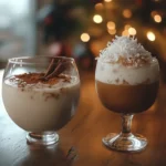 Glasses of rompope and coquito on a festive holiday table.