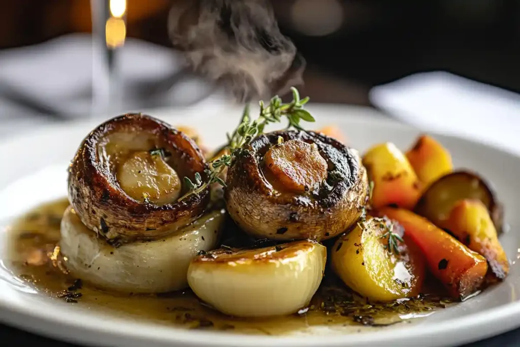 Sautéed cremini mushrooms served with roasted vegetables and thyme.