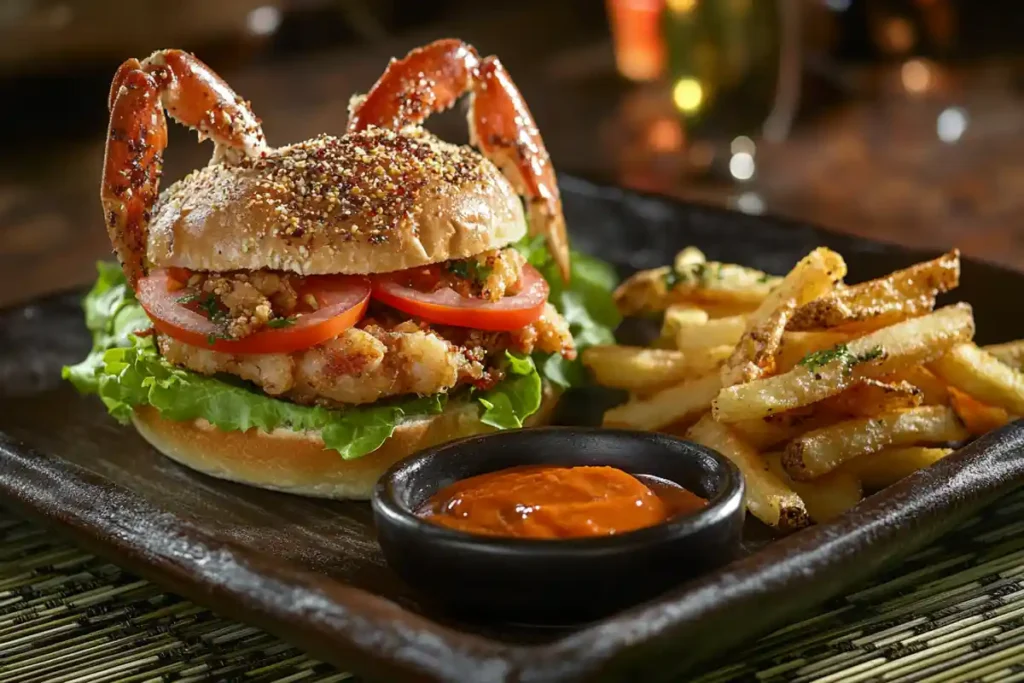 Soft shell crab sandwich with lettuce, tomato, and crispy fries.