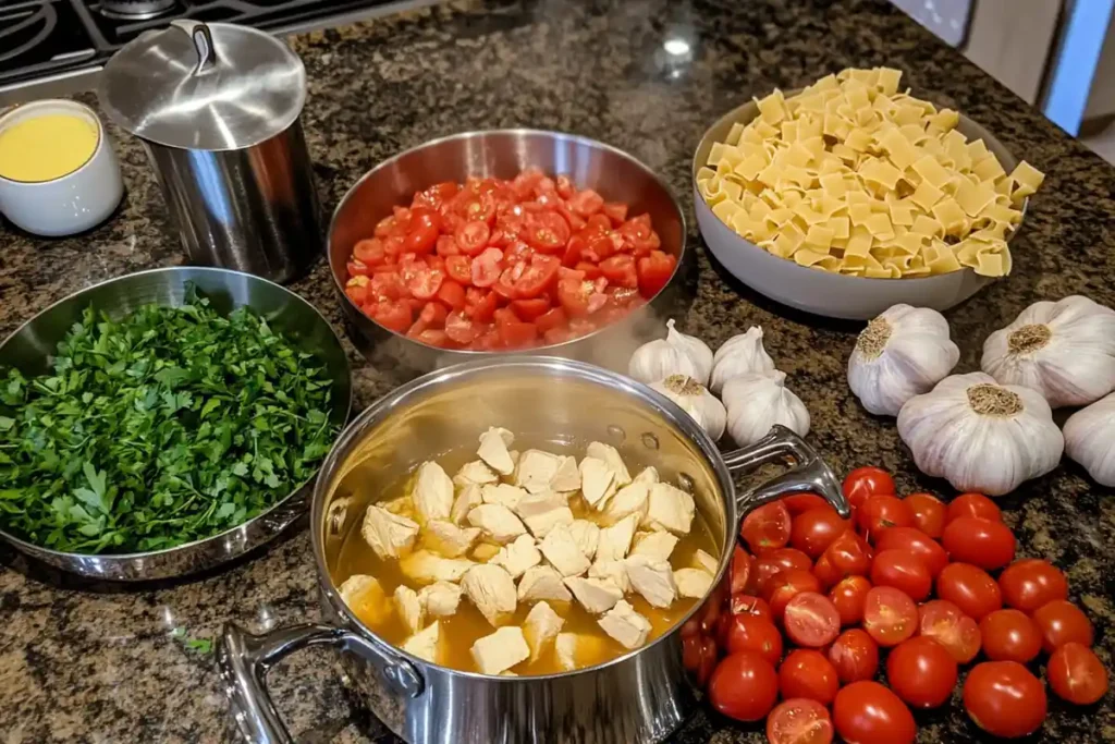 Step-by-step preparation of pasta with fresh ingredients like tomatoes, garlic, olive oil, and herbs, laid out on a clean surface.