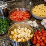 Step-by-step preparation of pasta with fresh ingredients like tomatoes, garlic, olive oil, and herbs, laid out on a clean surface.