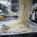 Step-by-step process of making string cheese: stretching and shaping mozzarella curds into long strands in a modern cheese factory.