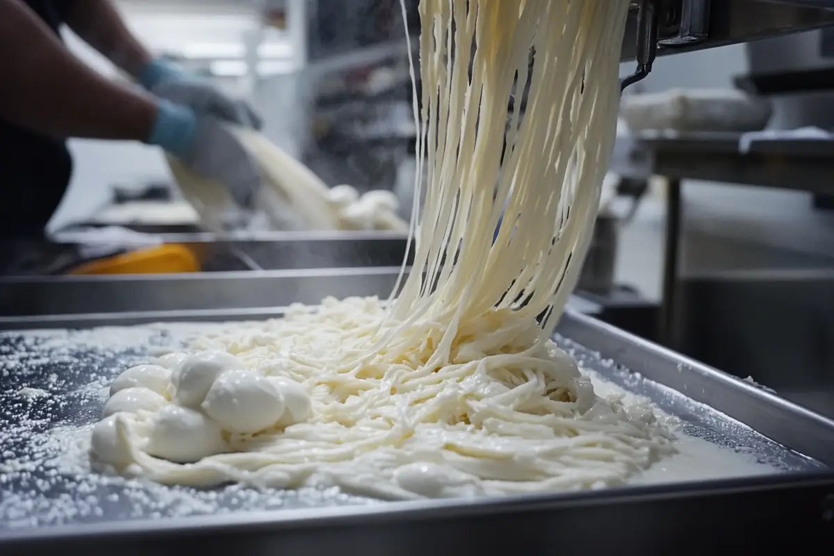 Step-by-step process of making string cheese: stretching and shaping mozzarella curds into long strands in a modern cheese factory.