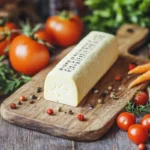 A single stick of string cheese placed on a wooden cutting board surrounded by fresh vegetables like cherry tomatoes, cucumbers, and carrots.