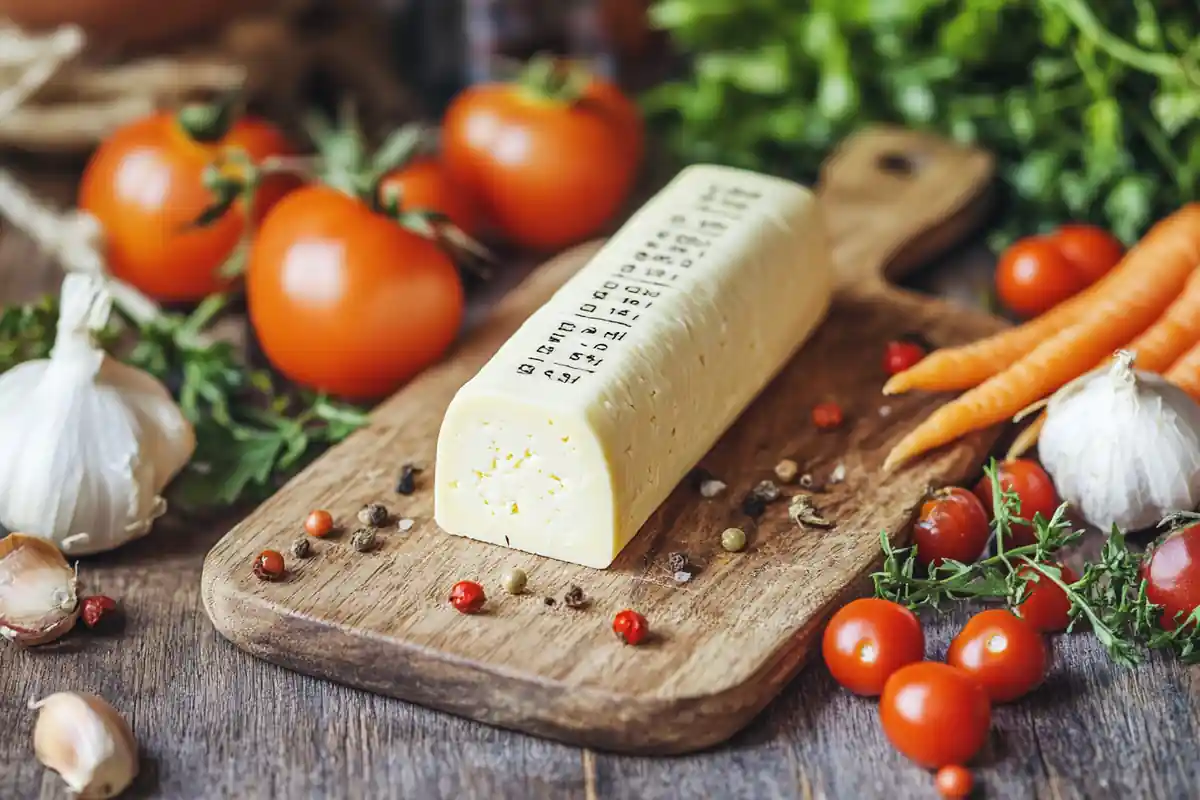 A single stick of string cheese placed on a wooden cutting board surrounded by fresh vegetables like cherry tomatoes, cucumbers, and carrots.