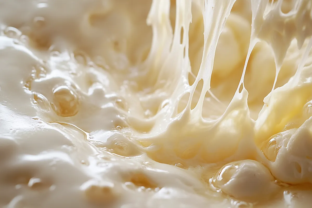 A plate of stringy mozzarella and Oaxaca cheese, freshly melted and pulled, highlighting their stretchy and creamy texture.