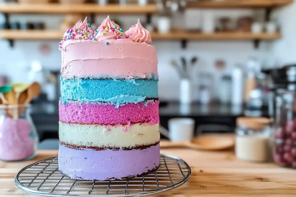 Three pastel-colored cake layers, in pink, blue, and purple, cooling on a rack, ready to be assembled into a unicorn cake.