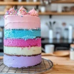 Three pastel-colored cake layers, in pink, blue, and purple, cooling on a rack, ready to be assembled into a unicorn cake.