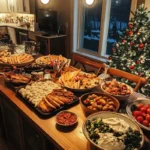 Traditional Christmas dinner table with a roasted turkey centerpiece, surrounded by festive side dishes like mashed potatoes, vegetables, and cranberry sauce, with a decorated Christmas tree in the background.