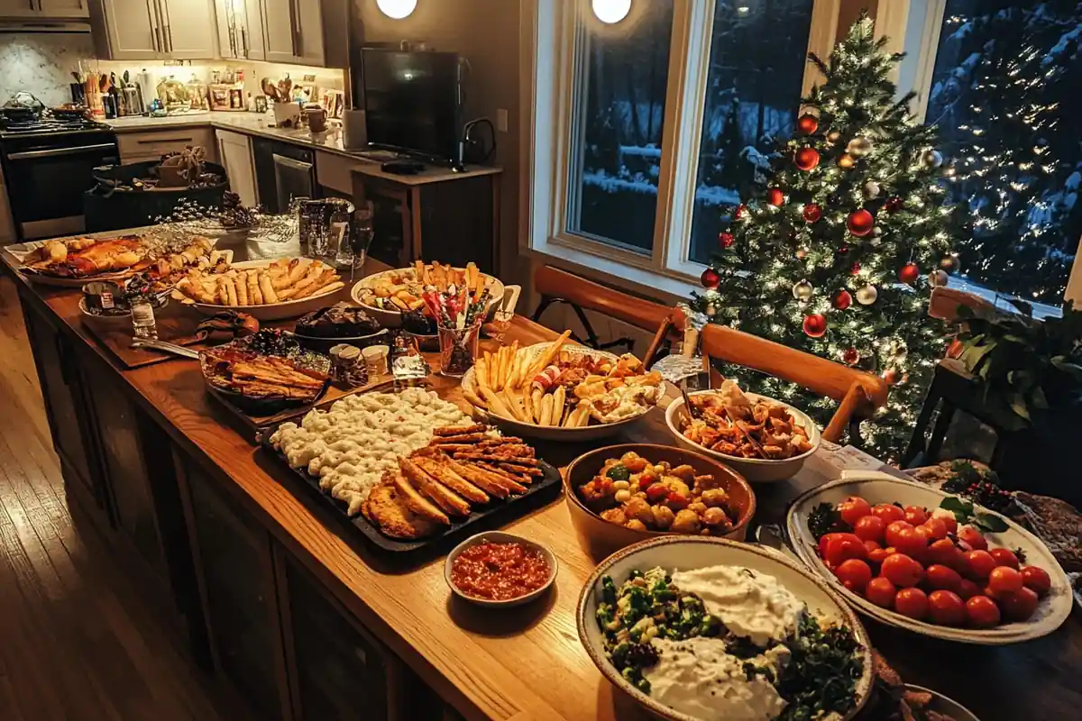 Traditional Christmas dinner table with a roasted turkey centerpiece, surrounded by festive side dishes like mashed potatoes, vegetables, and cranberry sauce, with a decorated Christmas tree in the background.