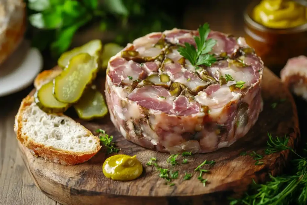 Traditional head cheese served with herbs, bread, and pickles