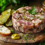 Traditional head cheese served with herbs, bread, and pickles