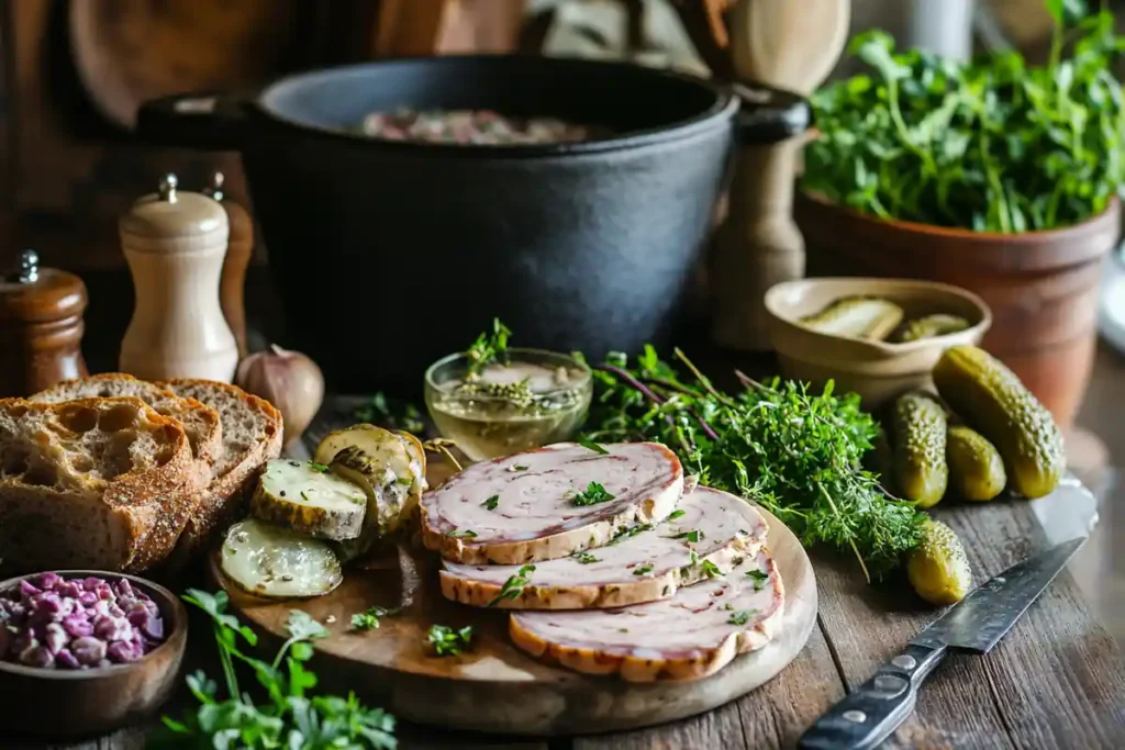 Sliced head cheese served with herbs and pickles