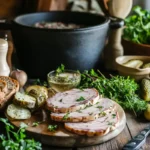 Sliced head cheese served with herbs and pickles