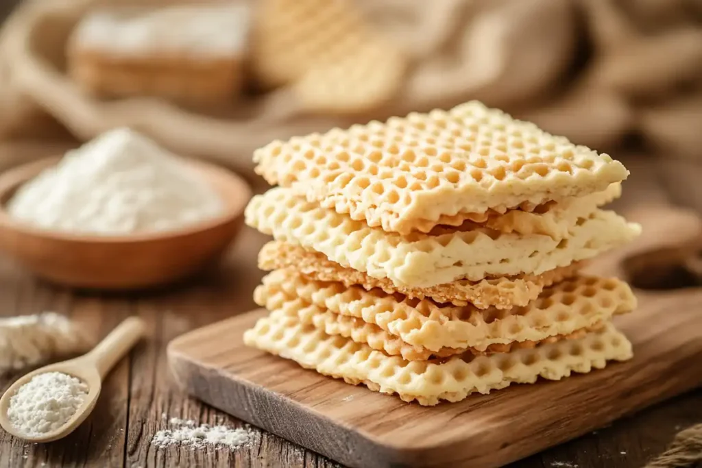 What are wafers made of? Traditional wafer cookies with flour, sugar, and butter displayed.