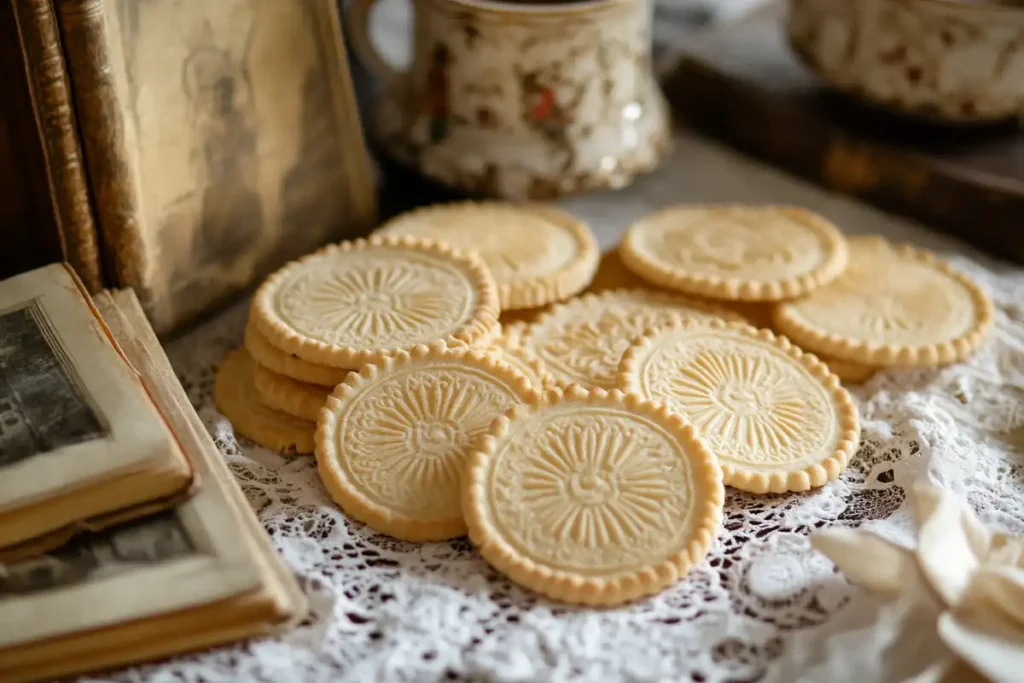 Intricate wafer cookies with patterns imprinted using traditional wafer irons, displayed with tea and recipe books.