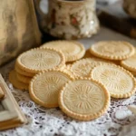 Intricate wafer cookies with patterns imprinted using traditional wafer irons, displayed with tea and recipe books.