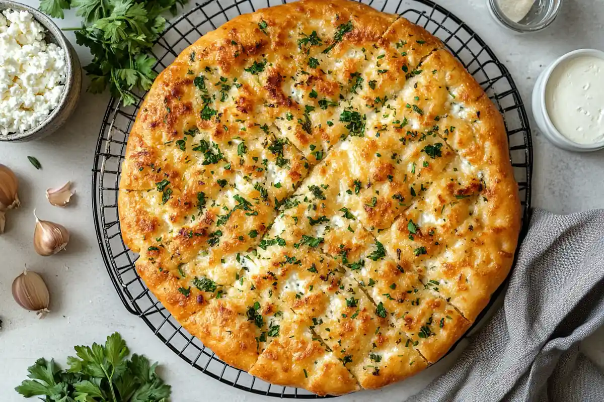 Freshly baked cottage cheese flatbread stored in a sealed container and wrapped in parchment paper for maximum freshness and shelf life.