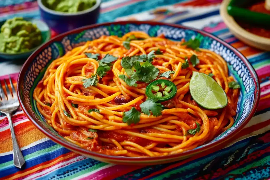 Mexican spaghetti with creamy tomato sauce, cilantro, and jalapeños.