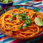 Mexican spaghetti with creamy tomato sauce, cilantro, and jalapeños.