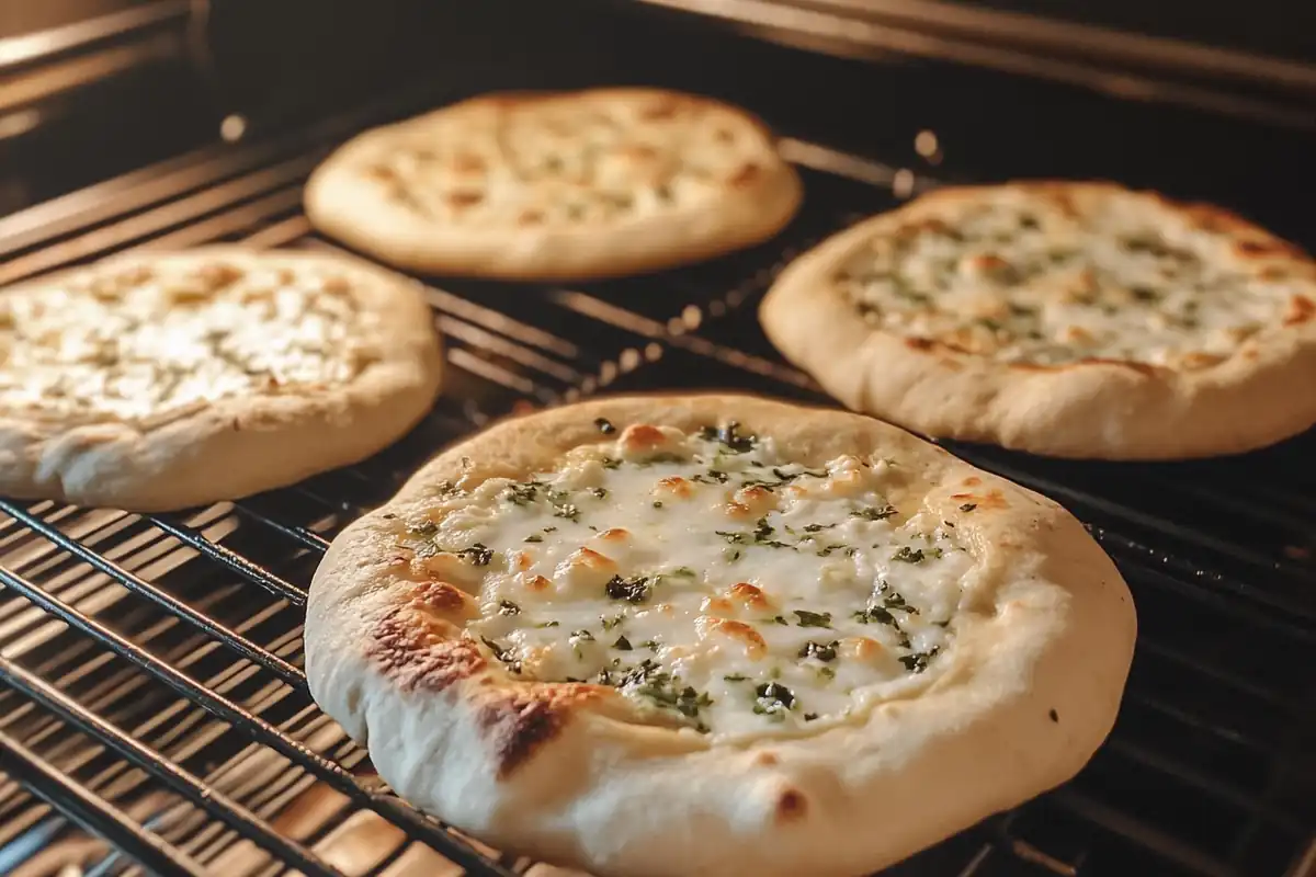 Burnt cottage cheese flatbread on a baking sheet alongside a perfectly baked flatbread, showing the effects of high oven temperature.