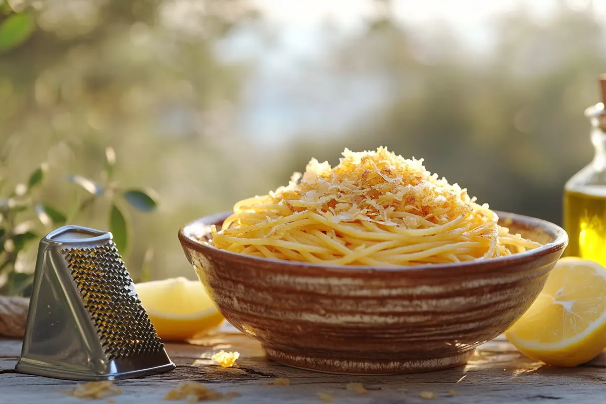 Spaghetti alla bottarga with grated fish roe and olive oil.