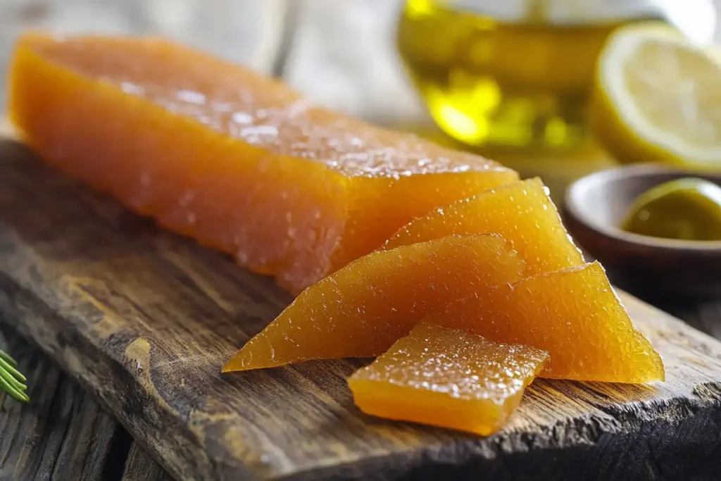 Whole and sliced bottarga on a wooden cutting board with olive oil and lemon.