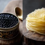 Caviar vs bottarga displayed on a gourmet wooden board.