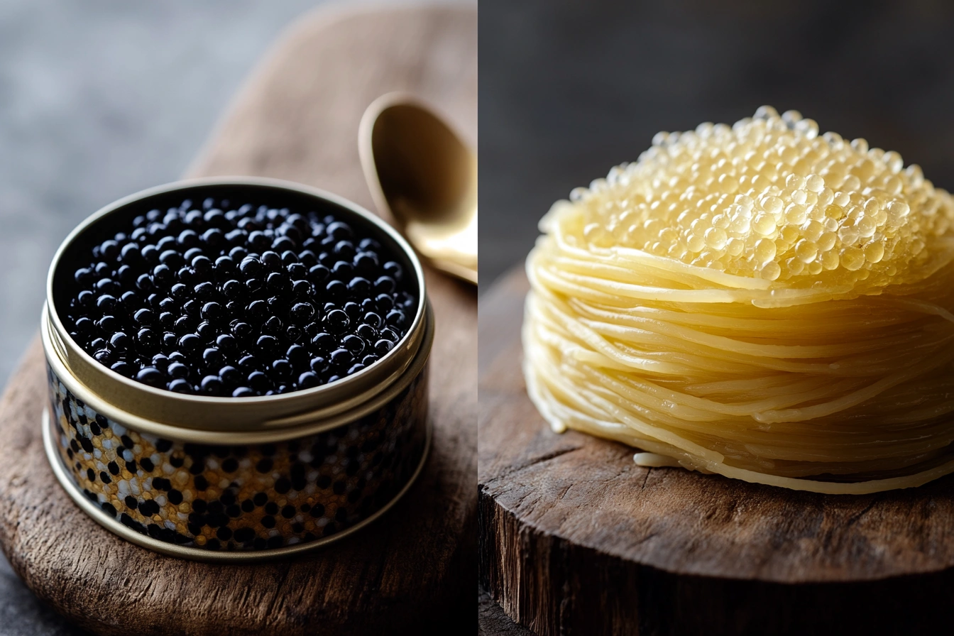 Caviar vs bottarga displayed on a gourmet wooden board.