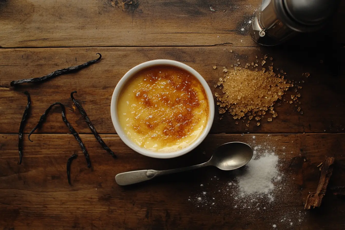 Crème brûlée with caramelized sugar crust and creamy custard.