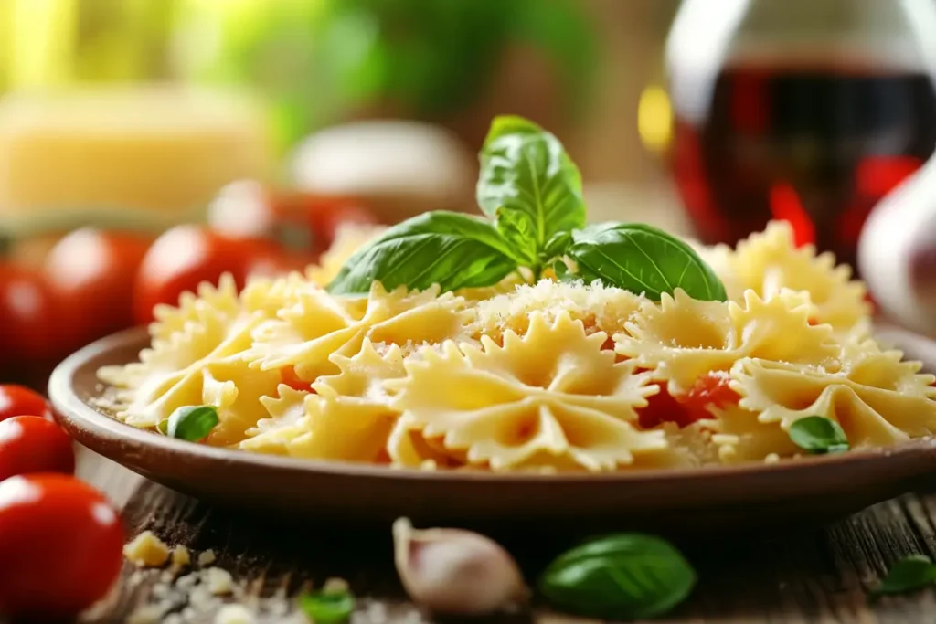 A bowl of Farfalle pasta covered in a rich tomato basil sauce, topped with grated Parmesan and fresh basil, set on a rustic wooden table.