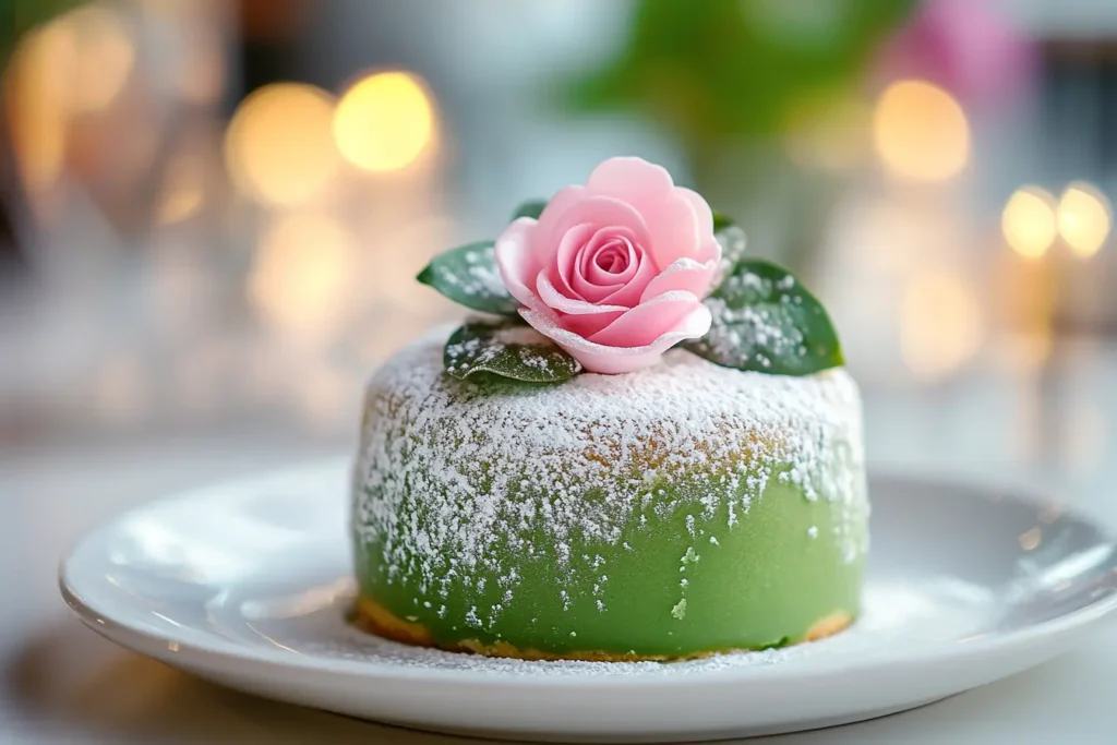 Swedish Princess Cake with green marzipan and a pink rose.