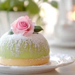 Traditional Swedish Princess Cake with green marzipan dome and a pink rose.