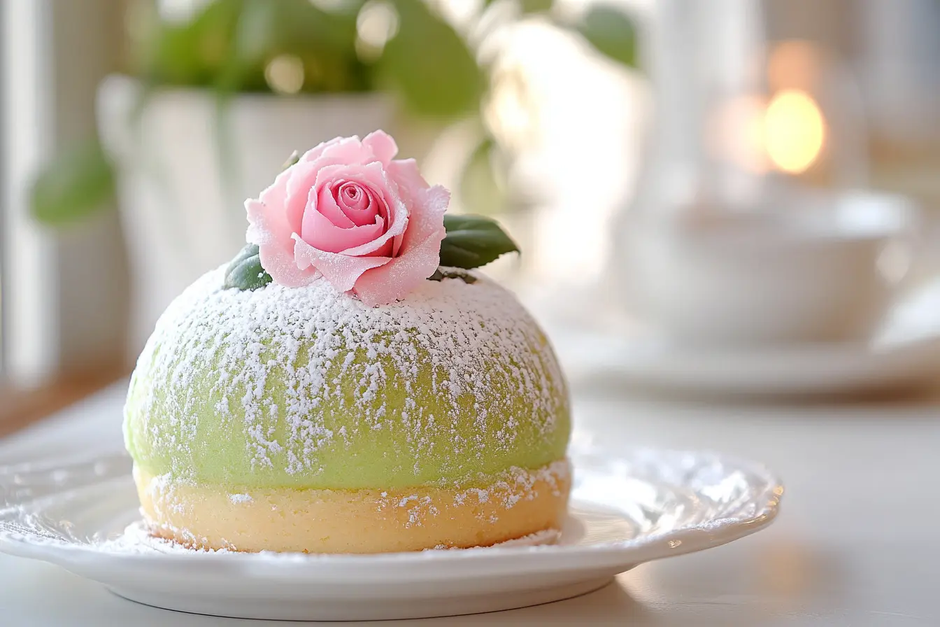 Traditional Swedish Princess Cake with green marzipan dome and a pink rose.