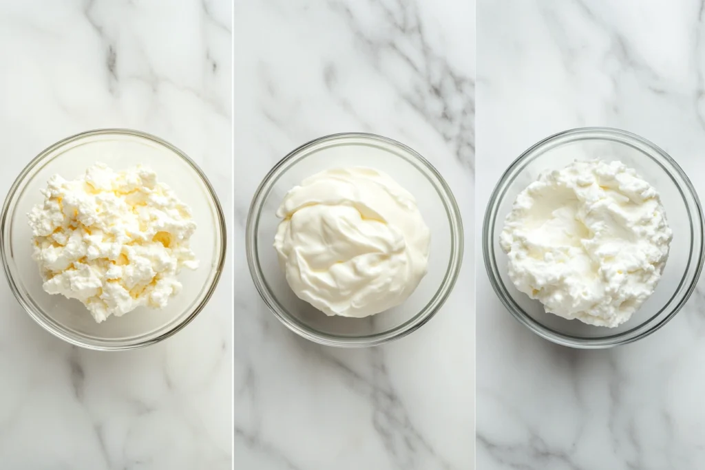 A side-by-side comparison of cottage cheese, Greek yogurt, and ricotta cheese.