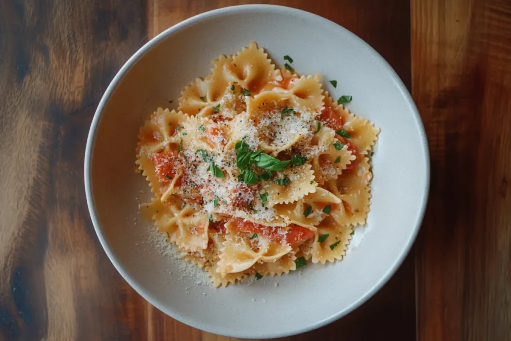 A delicious plate of Farfalle pasta coated in a rich, creamy sauce, garnished with fresh basil and grated Parmesan, served on a rustic wooden table.