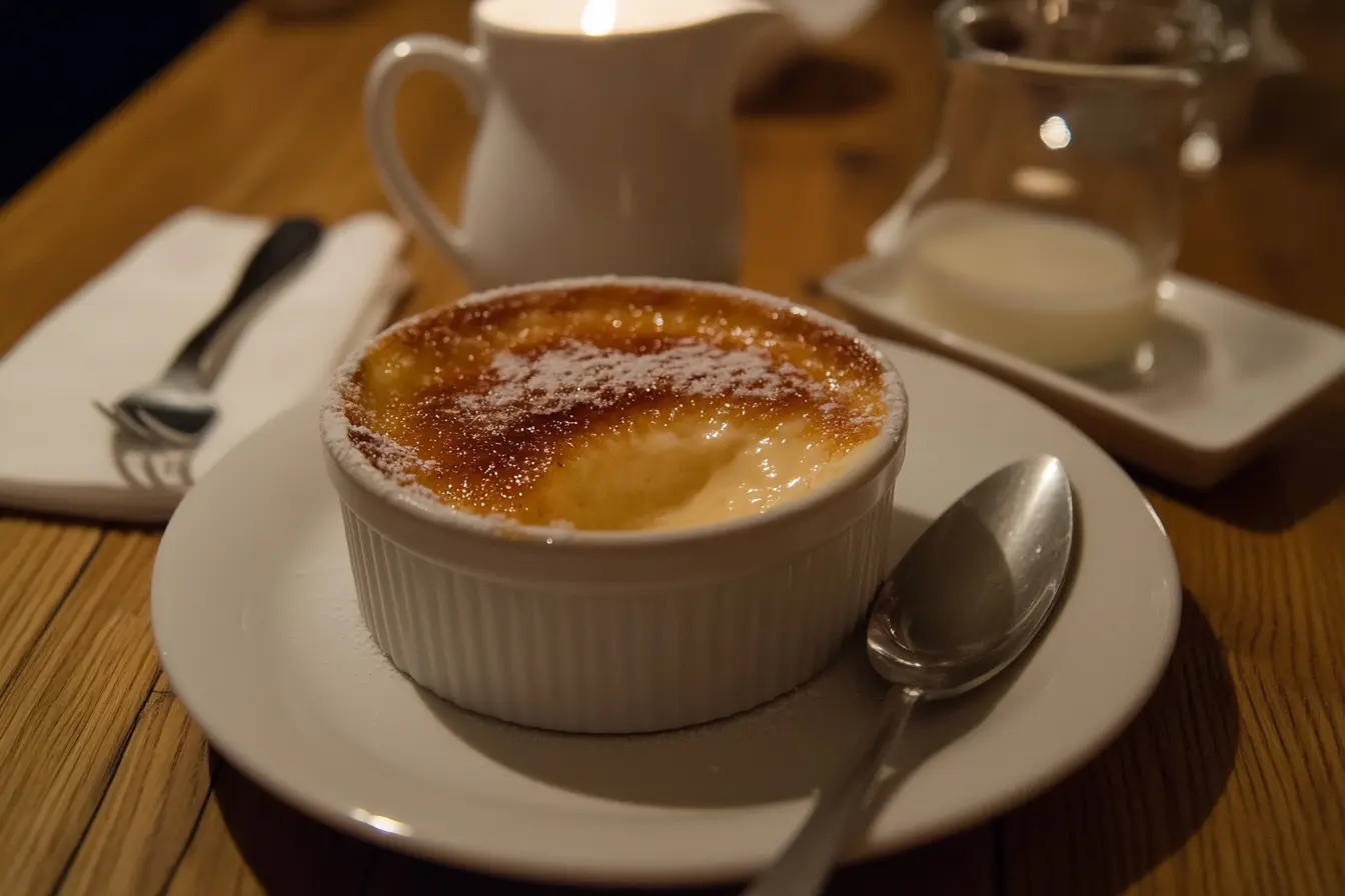 Crème brûlée with a golden caramelized top and a milk pitcher.