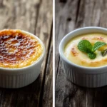 Side-by-side comparison of crème brûlée and custard in white ramekins.