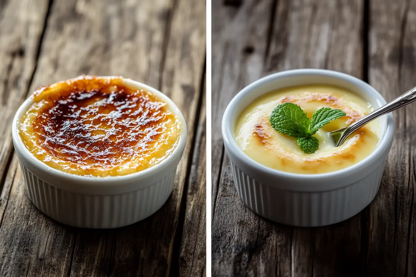 Side-by-side comparison of crème brûlée and custard in white ramekins.