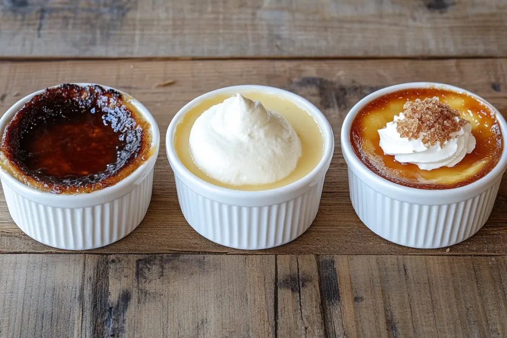 Side-by-side comparison of crème brûlée, flan, and pudding.