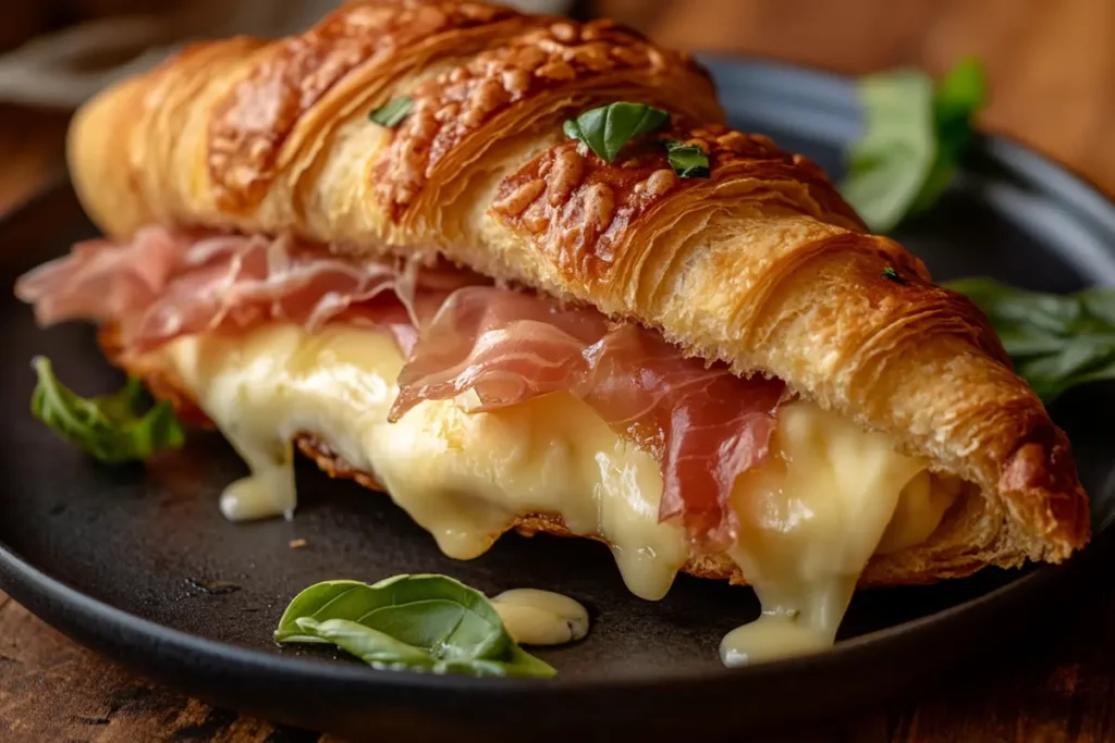 Flaky croissant with butter, jam, and Nutella on a wooden table