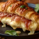 Flaky croissant with butter, jam, and Nutella on a wooden table