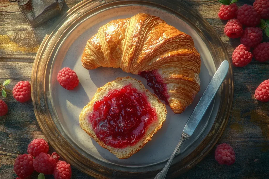 Croissant with raspberry jam and fresh raspberries on a wooden plate.