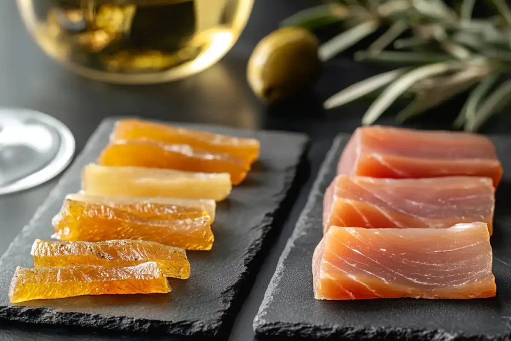 Mullet, tuna, and smoked bottarga sliced on a slate board.