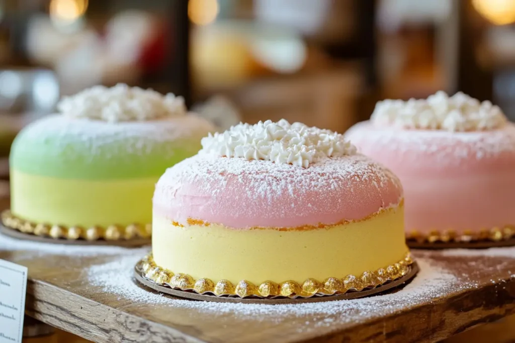 Green, pink, and yellow Swedish Princess Cakes on a wooden table.