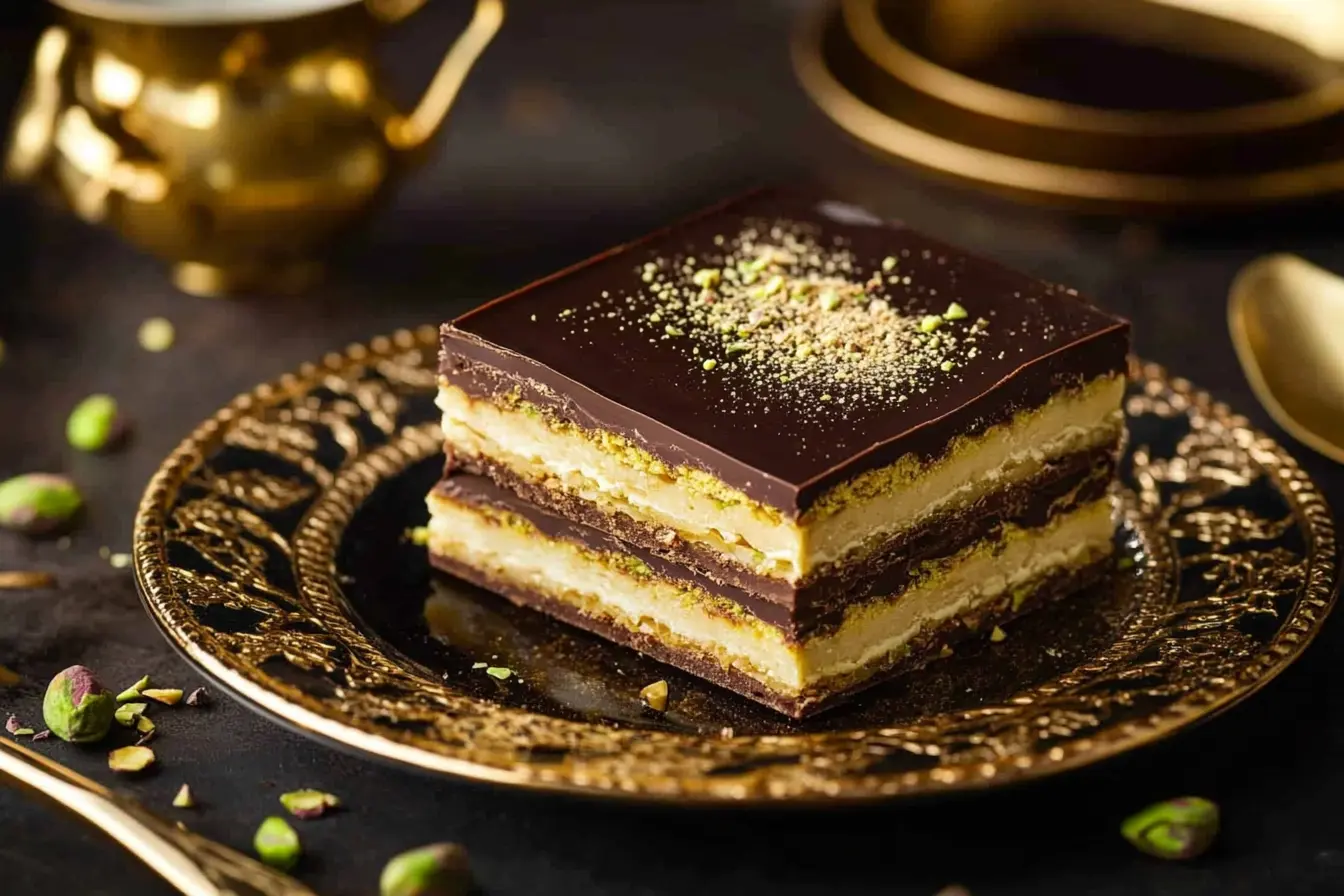 A sliced Dubai chocolate bar revealing pistachio and kataifi layers.