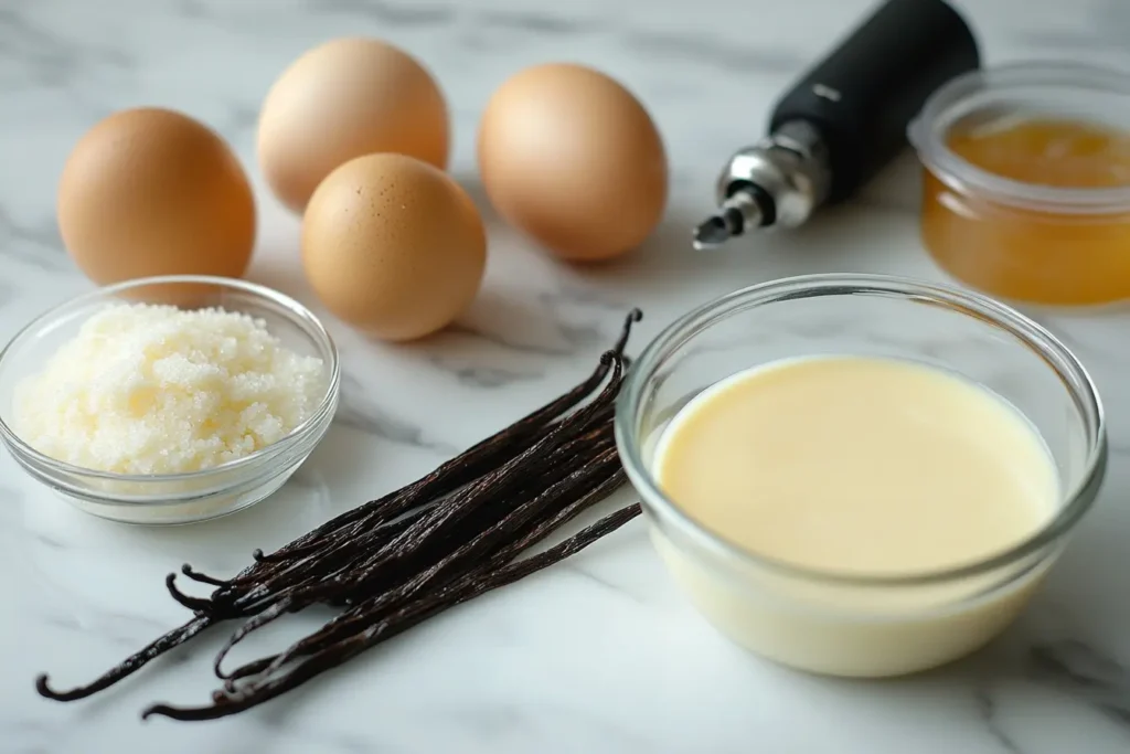 Ingredients for crème brûlée and custard, including eggs, cream, sugar, and vanilla beans.