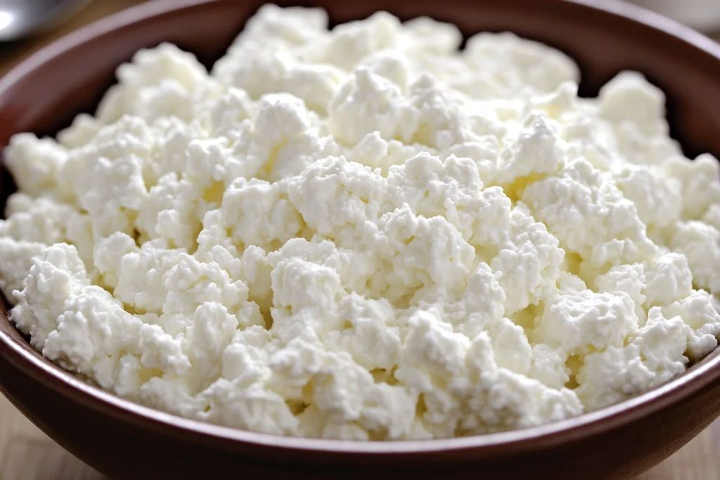 A bowl of fresh cottage cheese with visible whey separation.