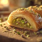 Flaky pistachio croissant with creamy pistachio filling