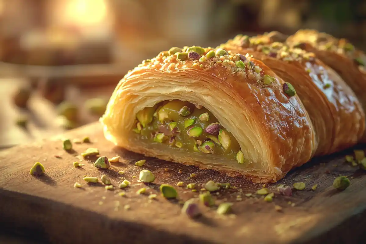 Flaky pistachio croissant with creamy pistachio filling